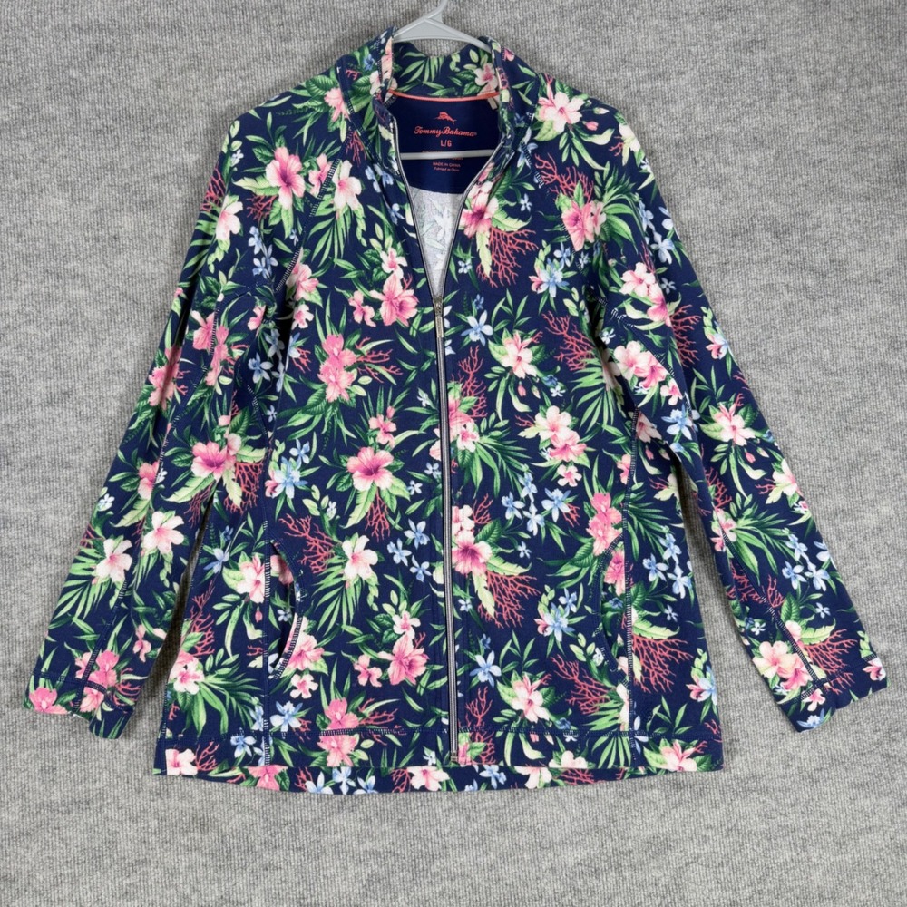Tommy Bahama Size-L/G Women Blue Tropical Floral Full Zip Ribbed Knit Jacket
